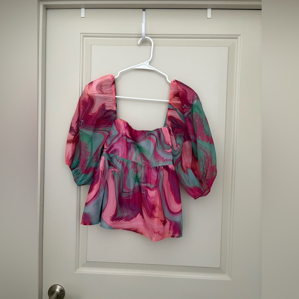 Amanda Uprichard Pink & Seafoam Marble Square-Neck Peplum Top - Picture 5 of 6